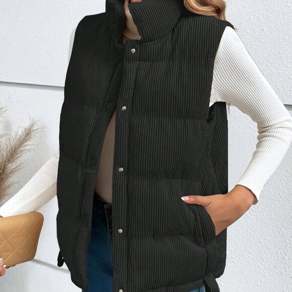 Black Casual Women's Minimalistic Button Up Padded Coat Vest - Picture 1 of 7